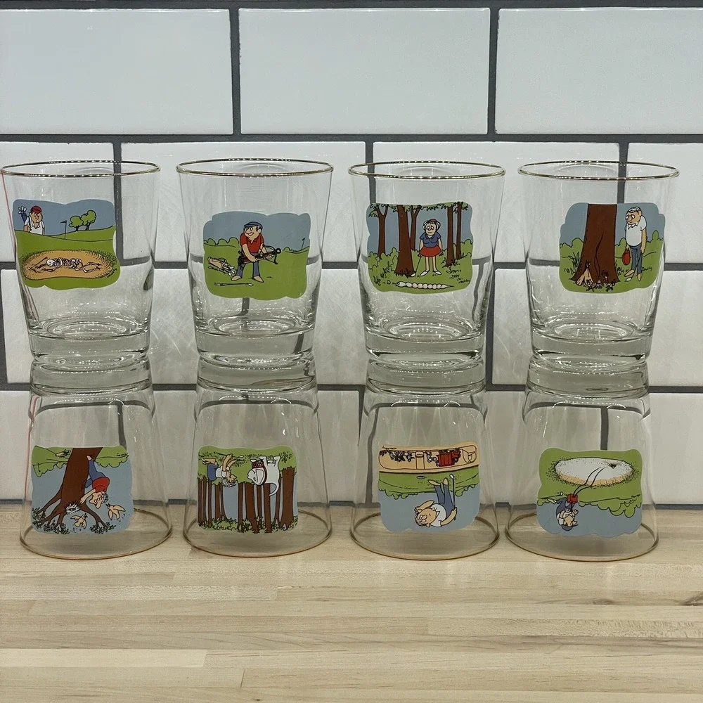 Vintage Ashby‎ Glasses 8pc Golf Funny Cartoon Low Ball Whiskey Man's Cave Decor